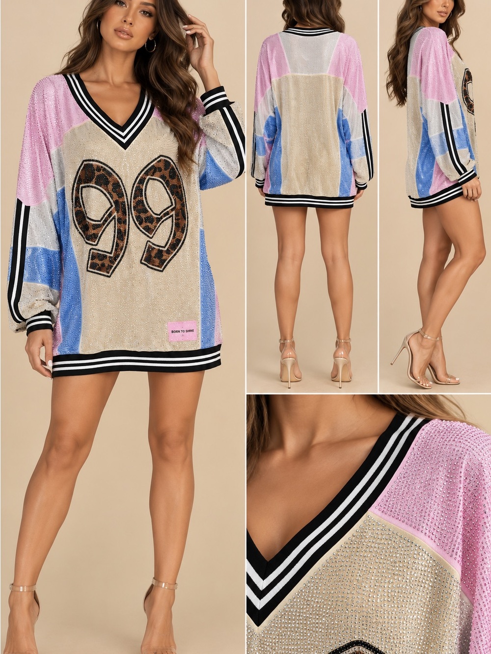 AKIRA V-Neck Sequin Sweater with Leopard 99 Appliqué - Pink, Blue, Cream - Picture 3 of 4